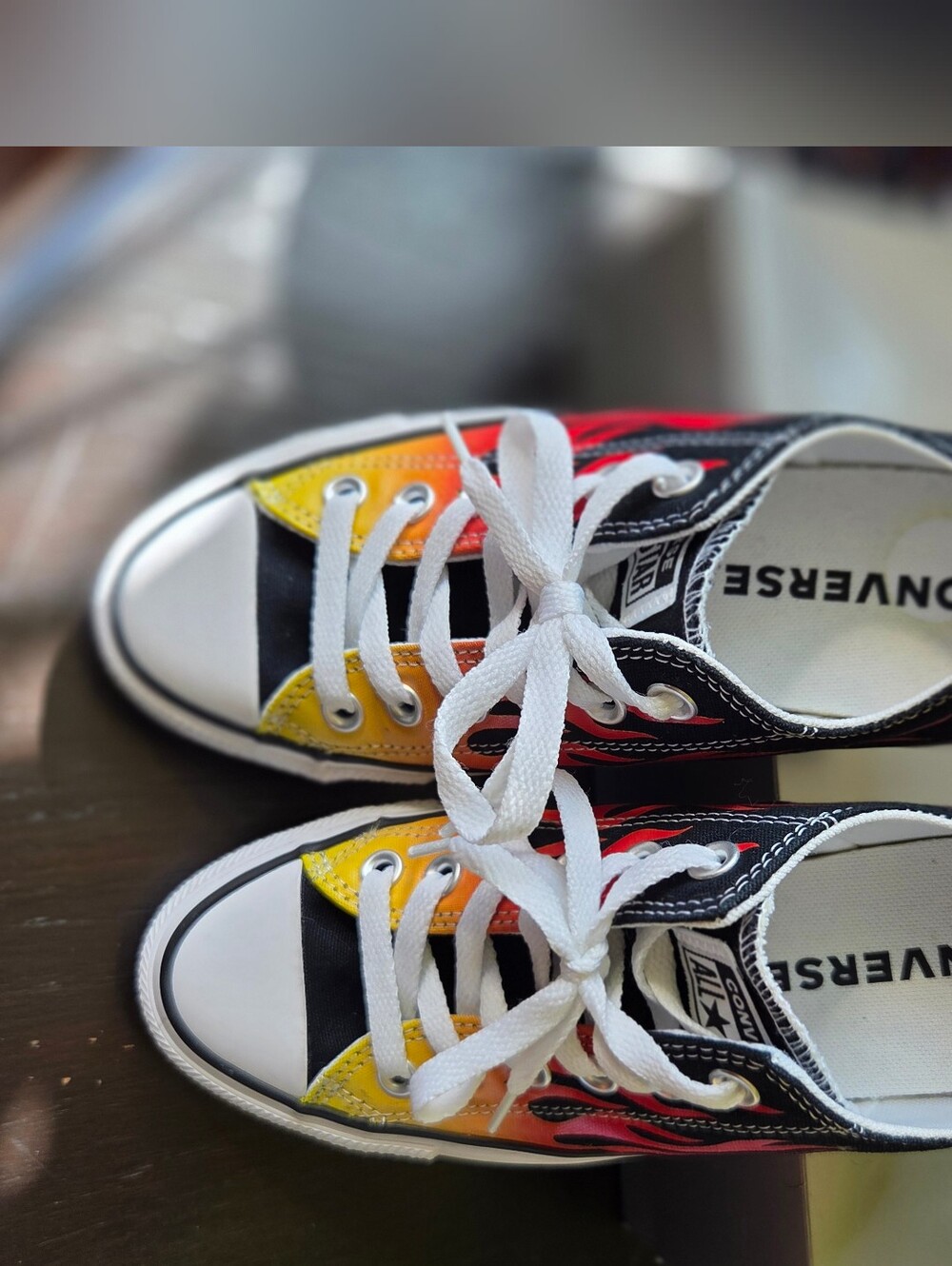 Converse Low Top Sneakers in Black with Yellow & Red Flame Design Men's 5, W 7